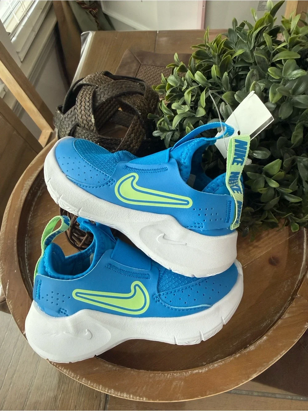 Nike Kids Slip-On Sneakers in Bright Blue with Neon Green Swoosh